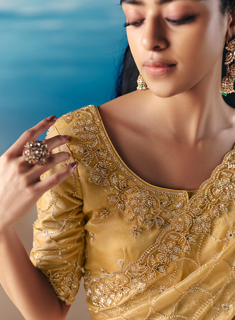 Yellow Premium Fancy Fabric With Designer Embroidery Sequence Work Saree