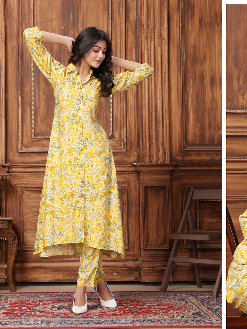 Yellow Premium Rayon Floral Printed Long Kurta and Pant Set