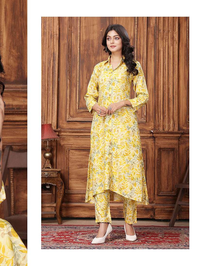 Yellow Premium Rayon Floral Printed Long Kurta and Pant Set