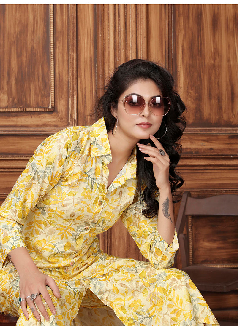 Yellow Premium Rayon Floral Printed Long Kurta and Pant Set