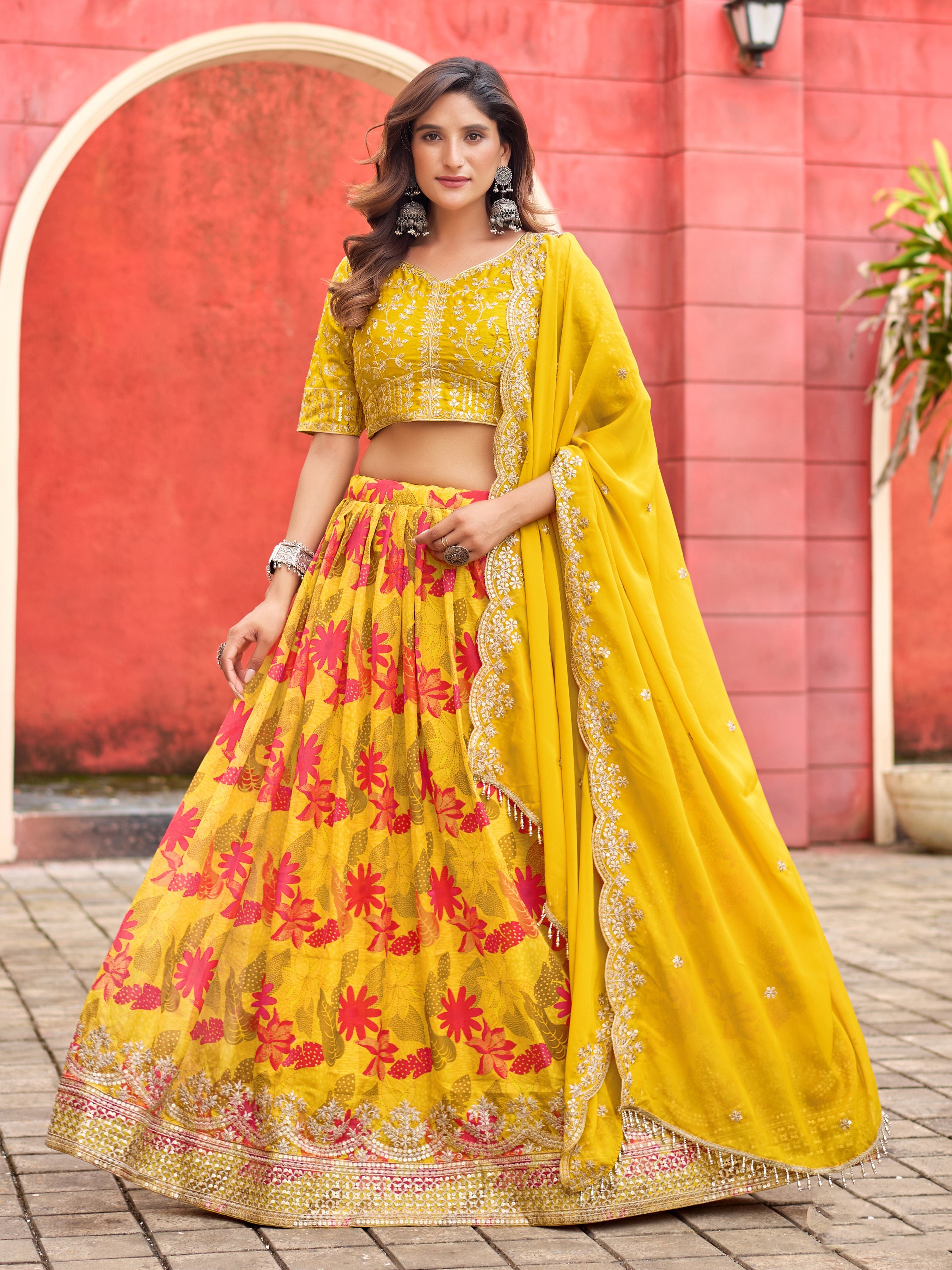Yellow Printed Embroidered Taby Silk Trendy Lehenga Choli