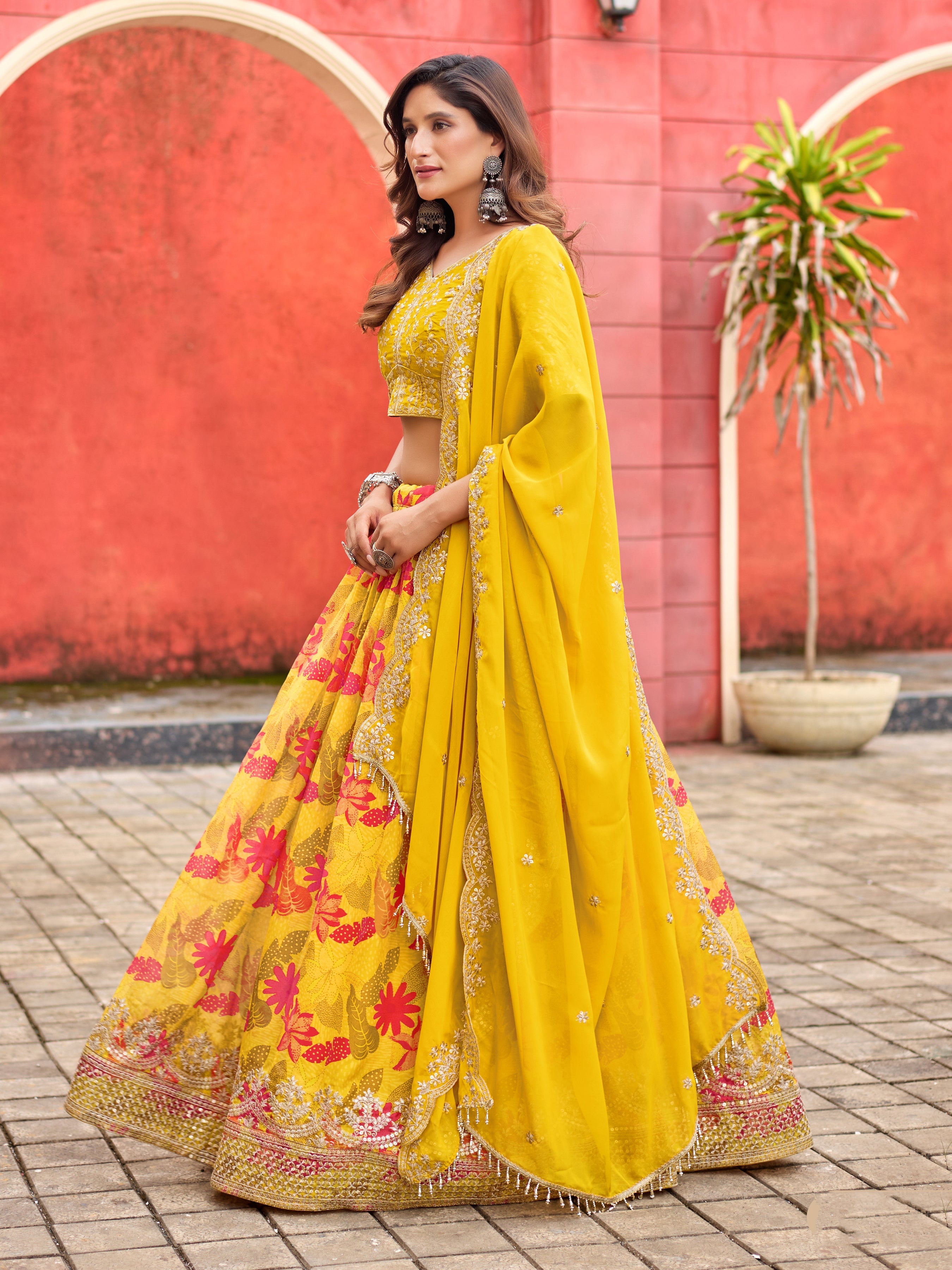 Yellow Printed Embroidered Taby Silk Trendy Lehenga Choli