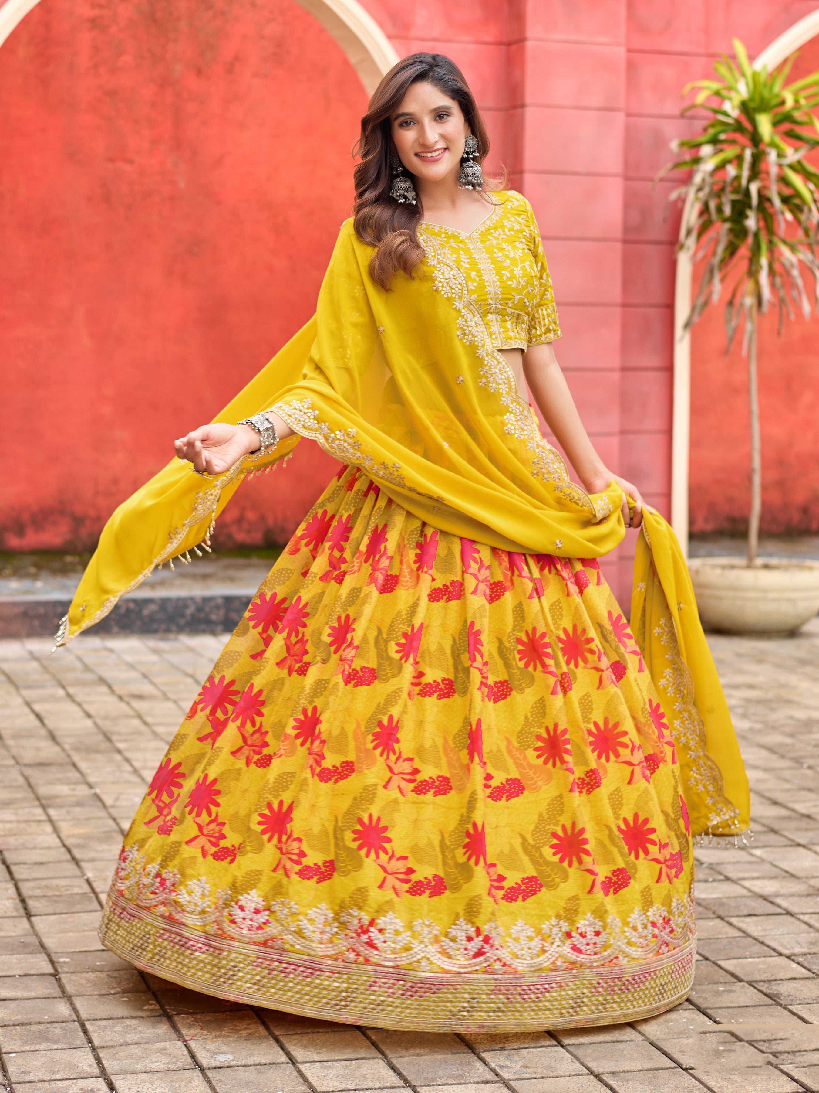 Yellow Printed Embroidered Taby Silk Trendy Lehenga Choli