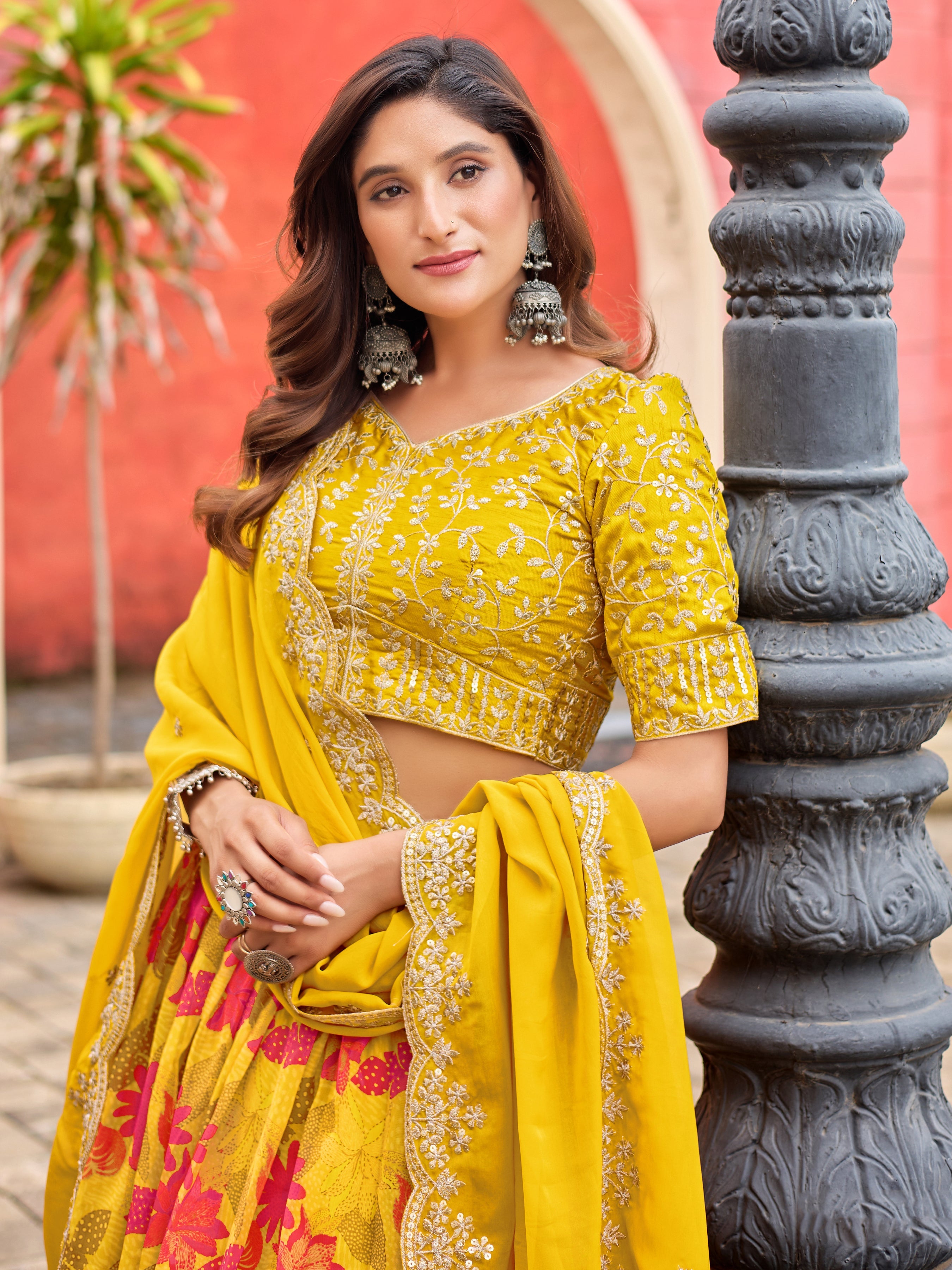 Yellow Printed Embroidered Taby Silk Trendy Lehenga Choli