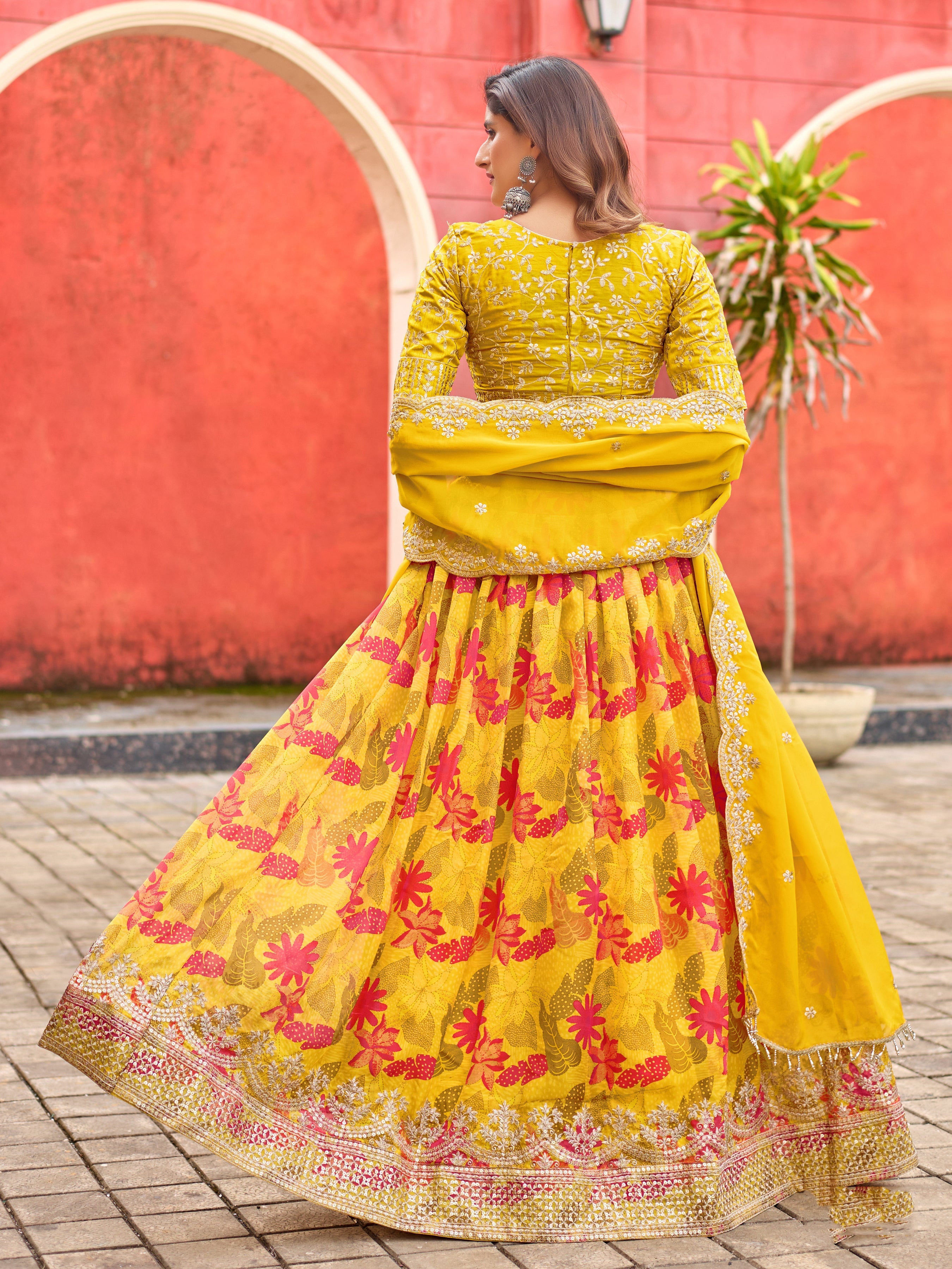 Yellow Printed Embroidered Taby Silk Trendy Lehenga Choli