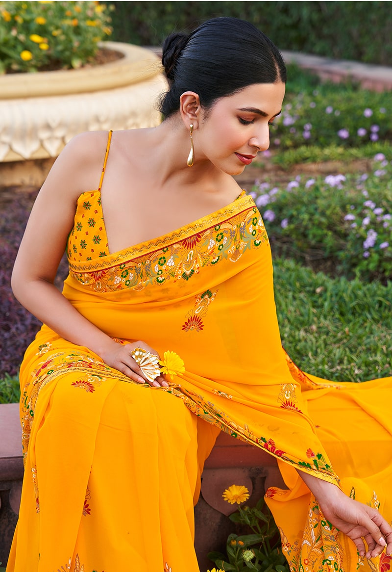 Yellow Printed Georgette Contemporary Saree