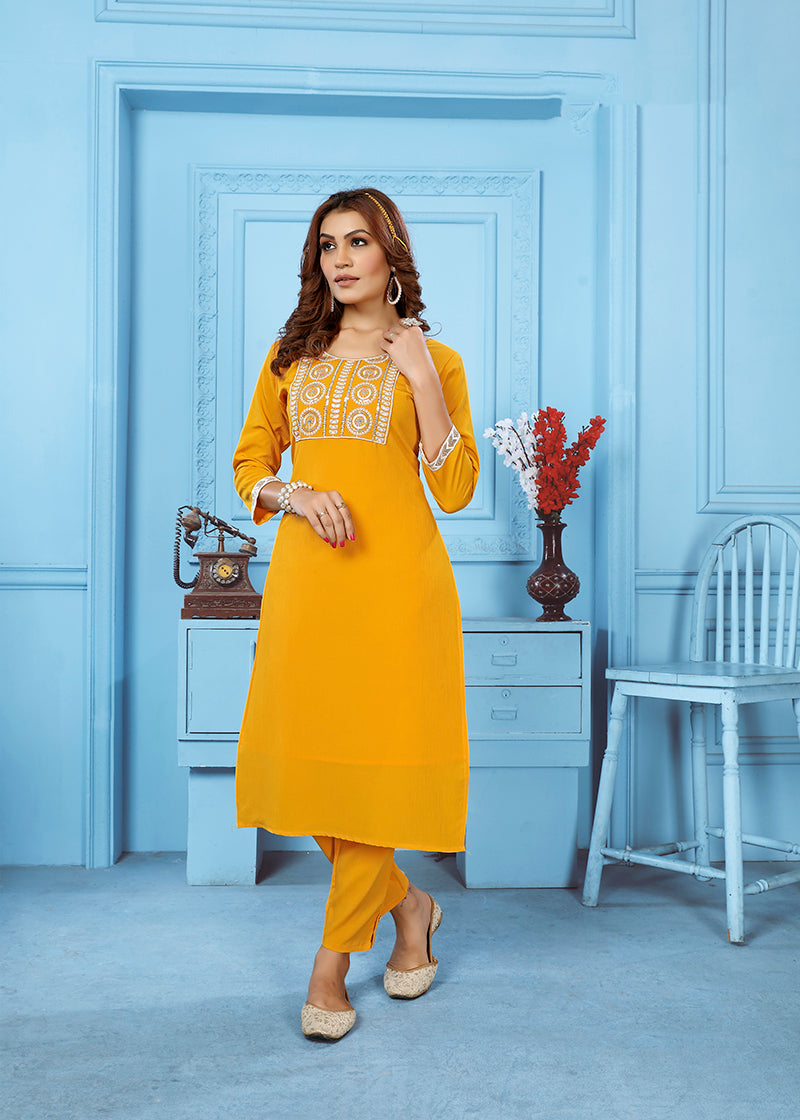 Yellow Rinkal Cotton with Embroidered Work Kurti With Pant