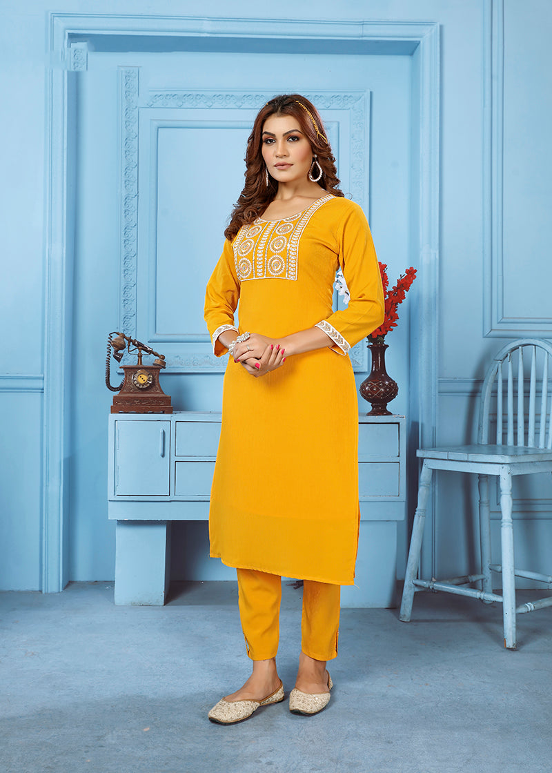 Yellow Rinkal Cotton with Embroidered Work Kurti With Pant