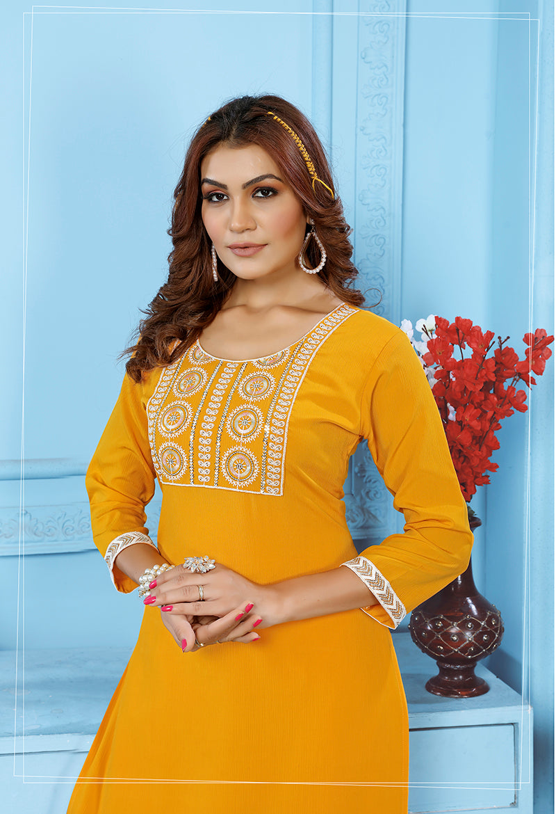 Yellow Rinkal Cotton with Embroidered Work Kurti With Pant