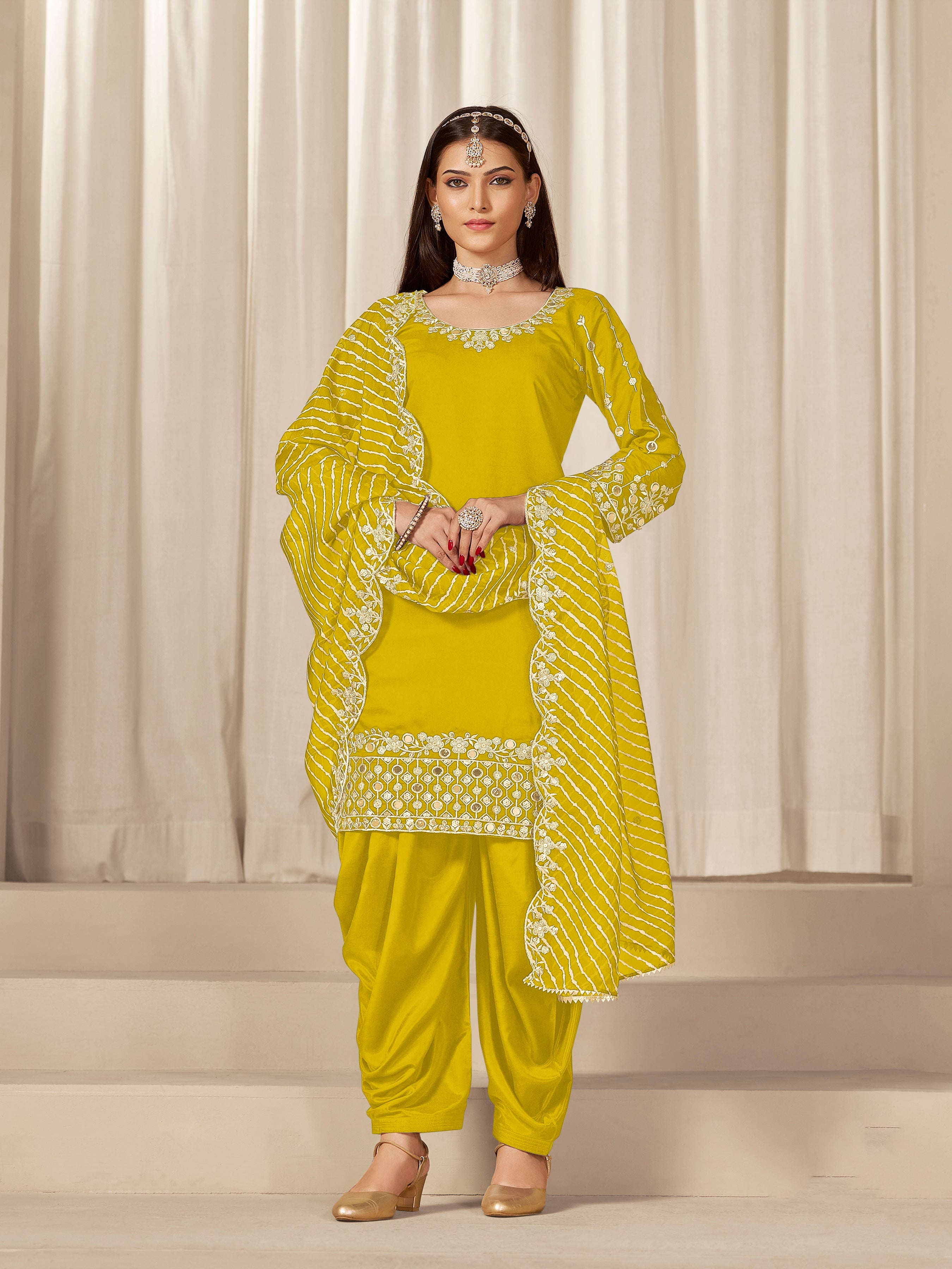 Yellow Sequins Mirror Work Roman Silk Festival Patiyala Salwar Suit