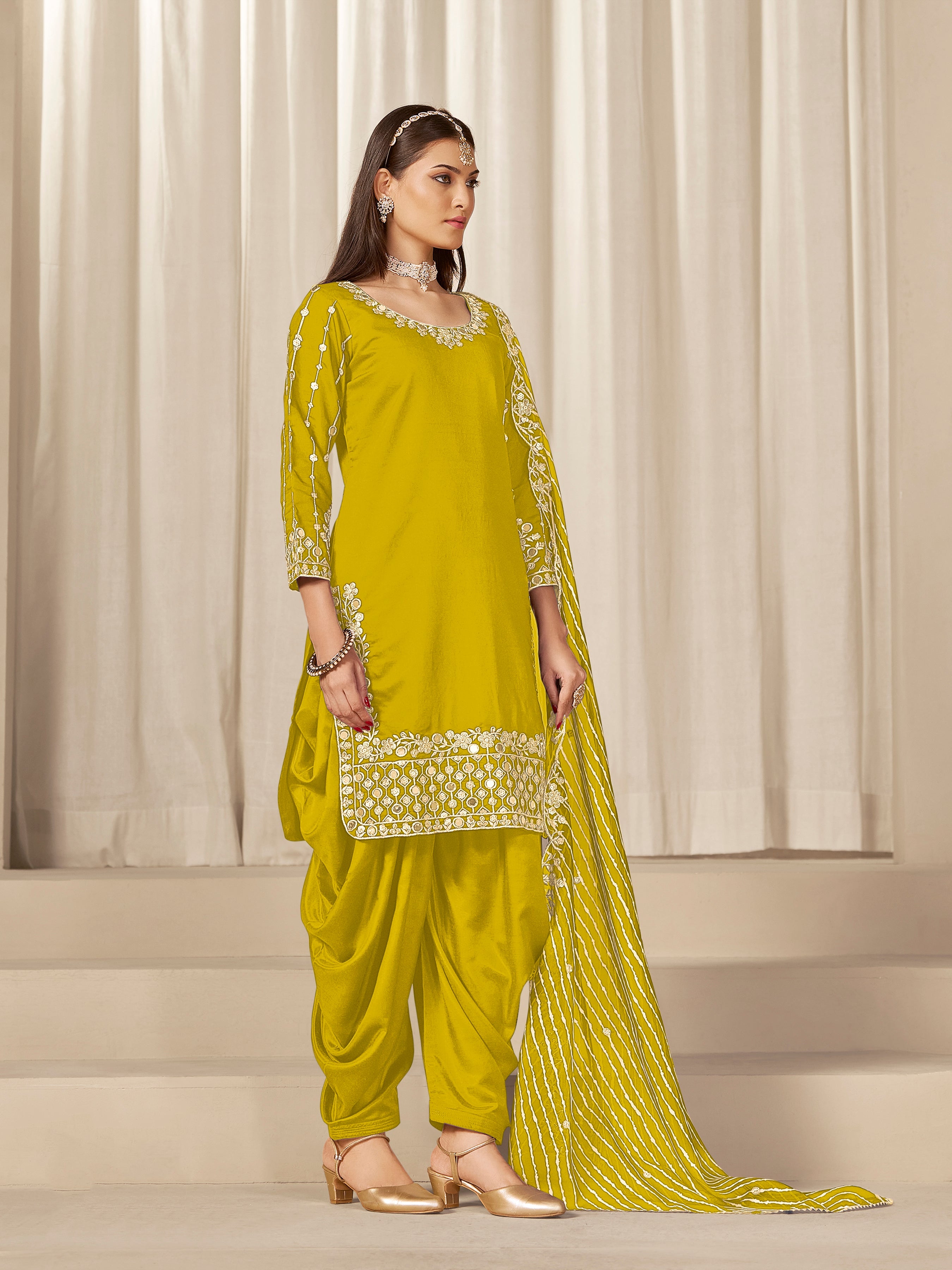 Yellow Sequins Mirror Work Roman Silk Festival Patiyala Salwar Suit