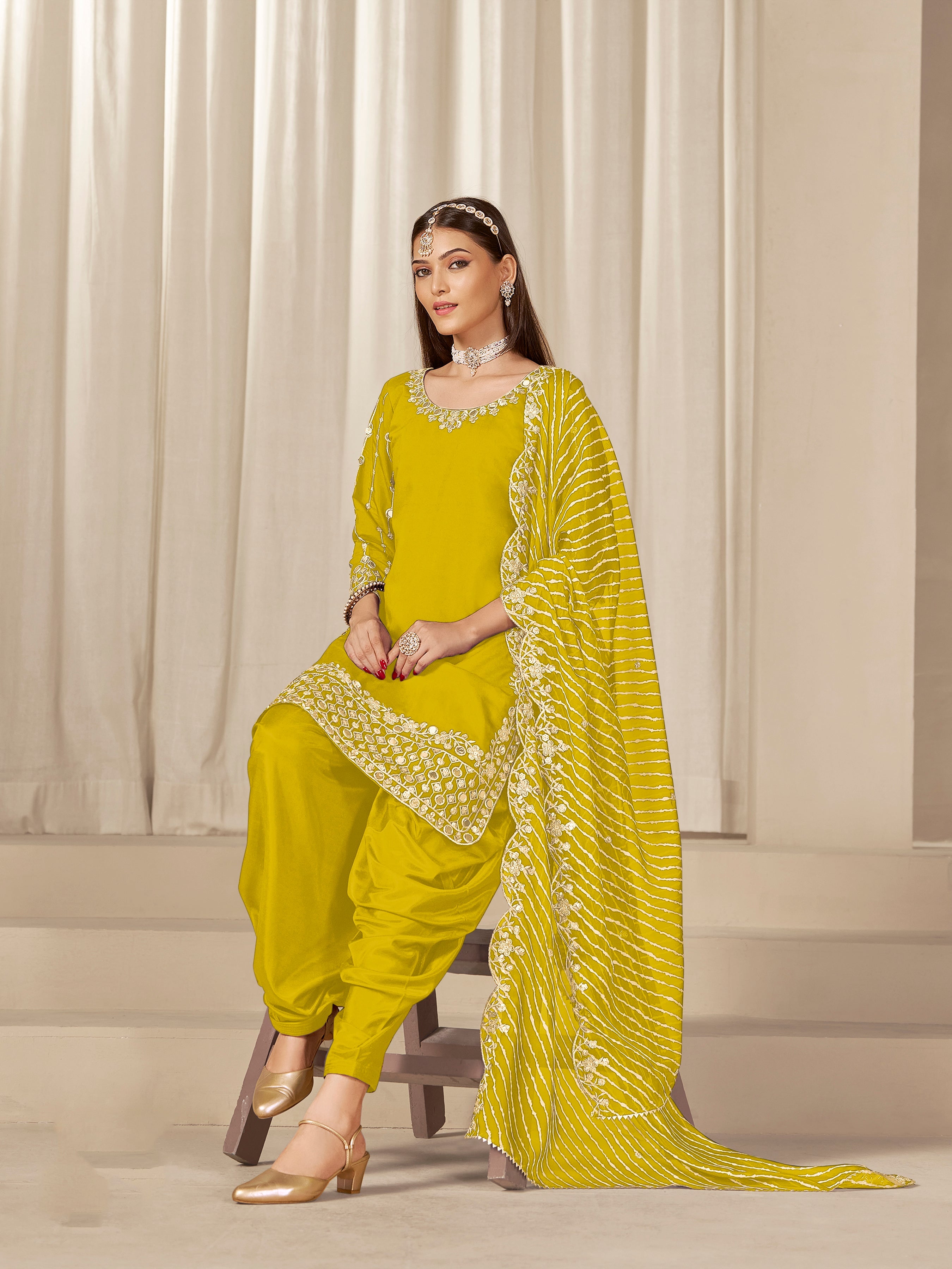 Yellow Sequins Mirror Work Roman Silk Festival Patiyala Salwar Suit