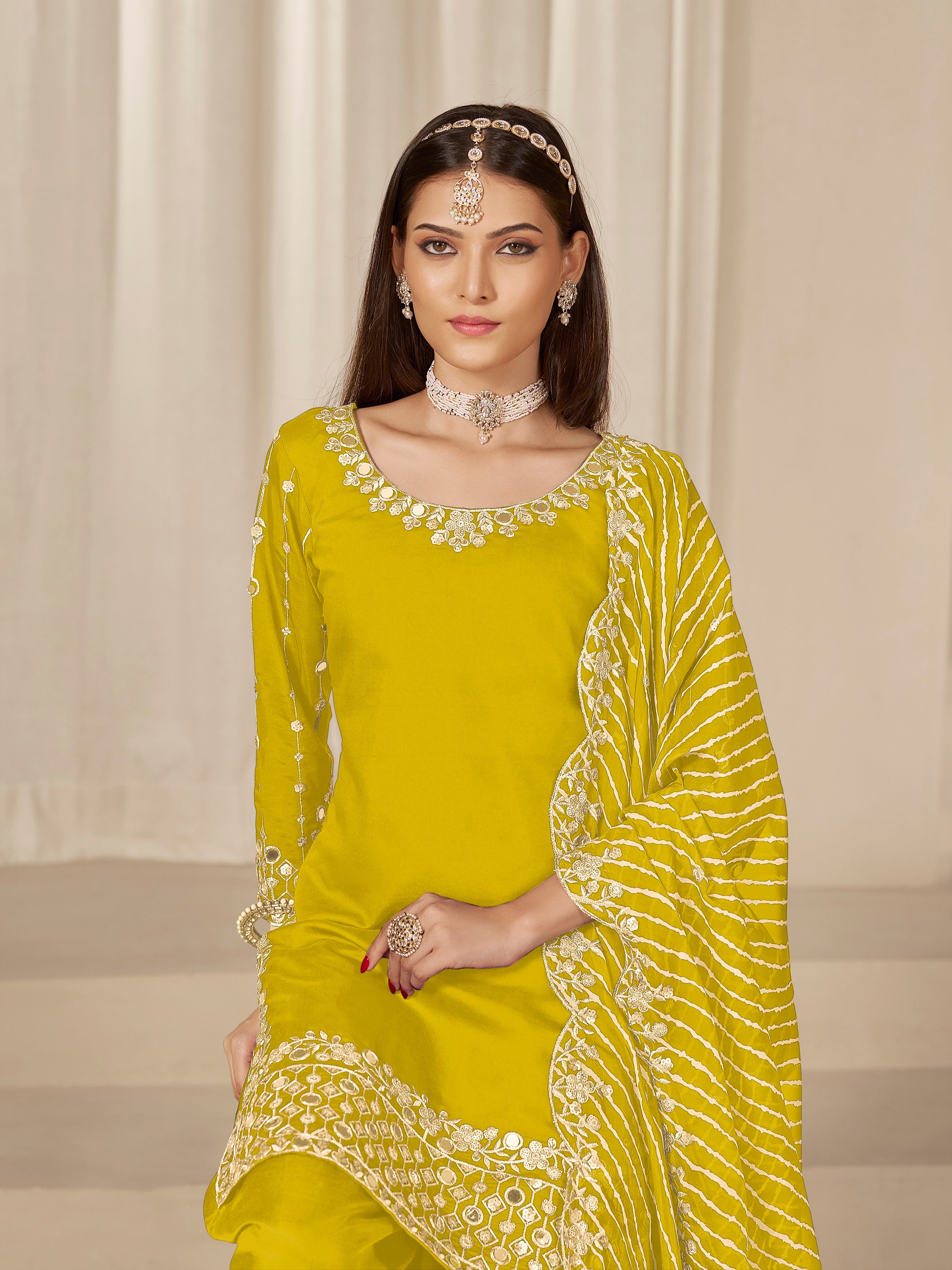 Yellow Sequins Mirror Work Roman Silk Festival Patiyala Salwar Suit