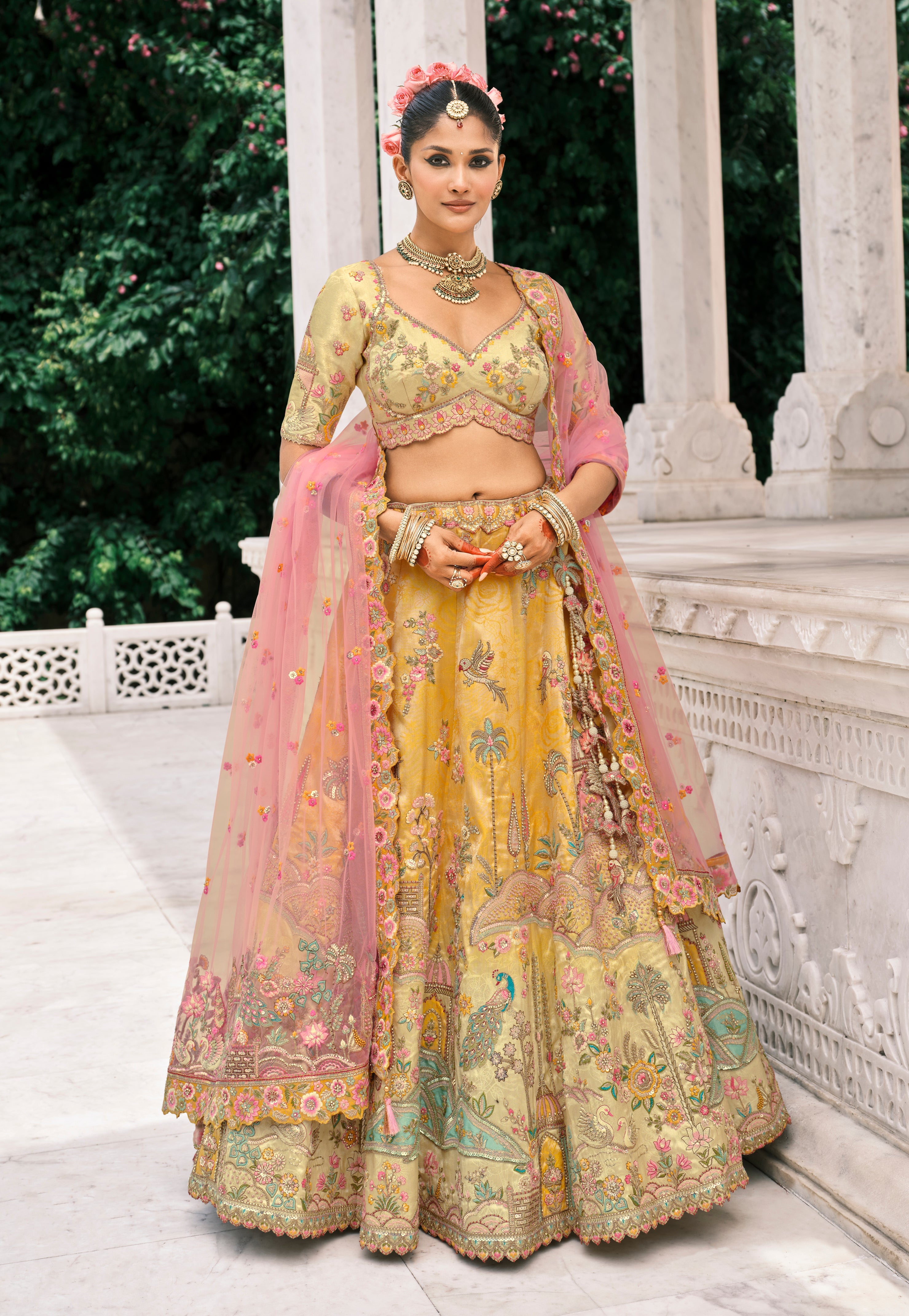 Yellow Silk Bridal Lehenga With Thread Embroidery And Stone Work