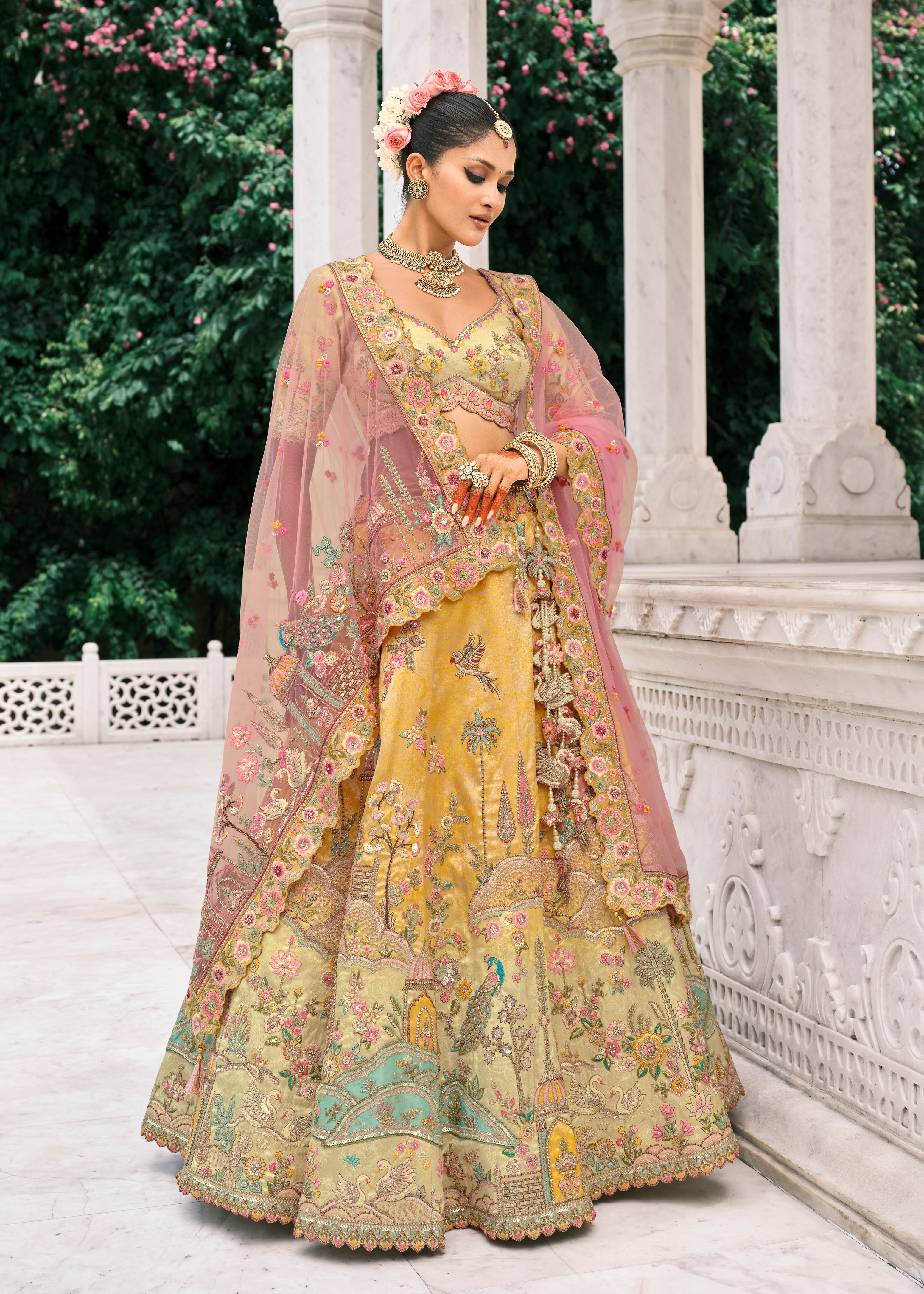 Yellow Silk Bridal Lehenga With Thread Embroidery And Stone Work