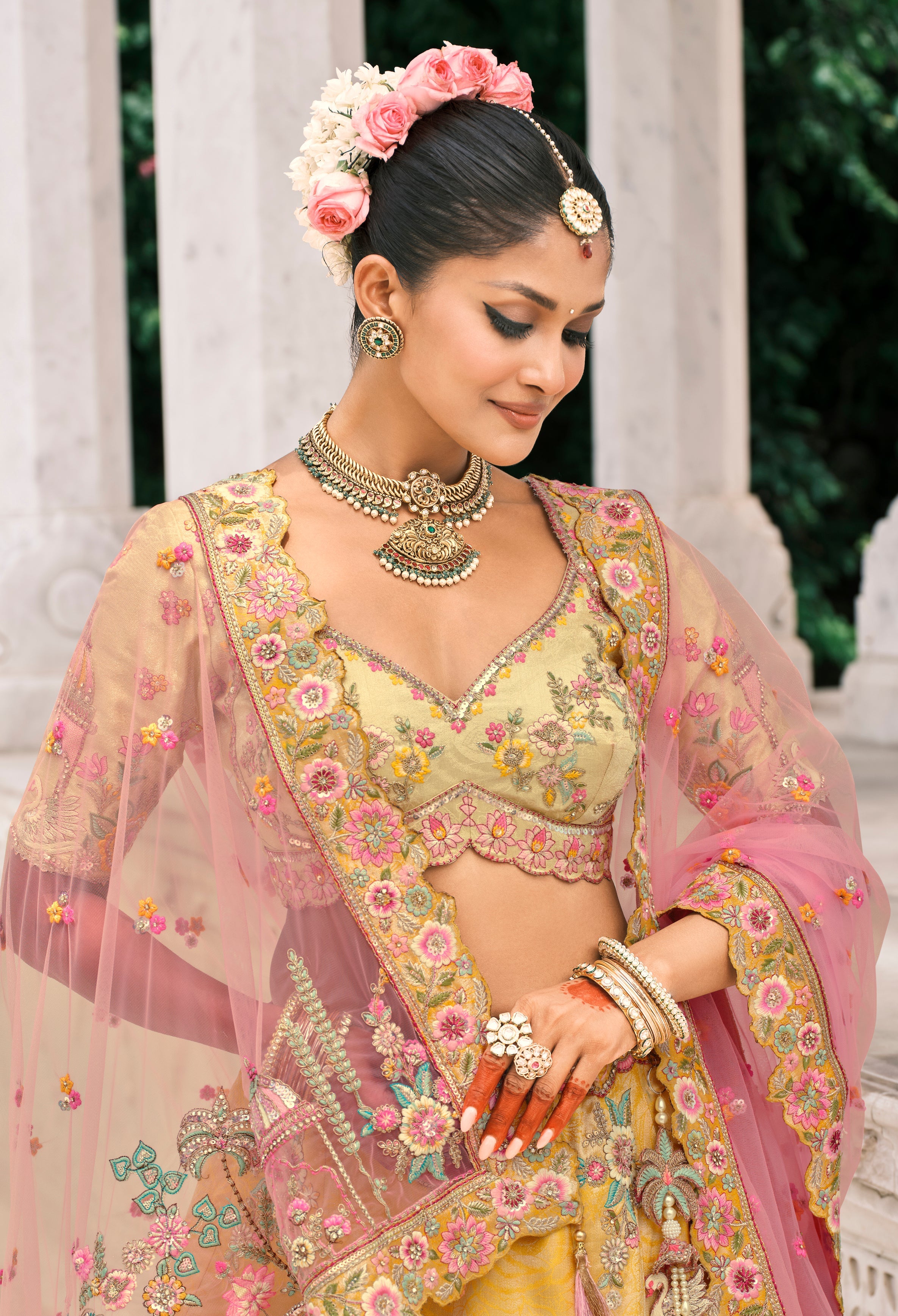 Yellow Silk Bridal Lehenga With Thread Embroidery And Stone Work