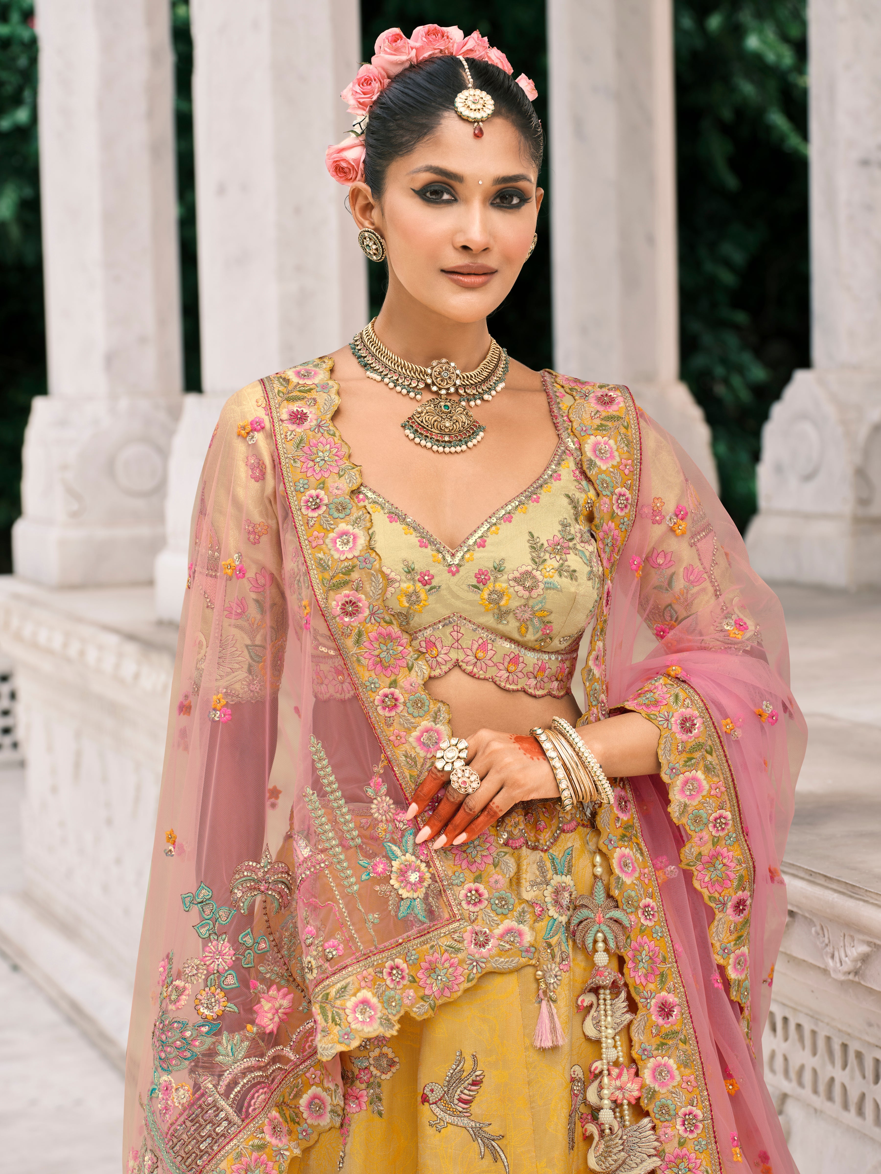 Yellow Silk Bridal Lehenga With Thread Embroidery And Stone Work