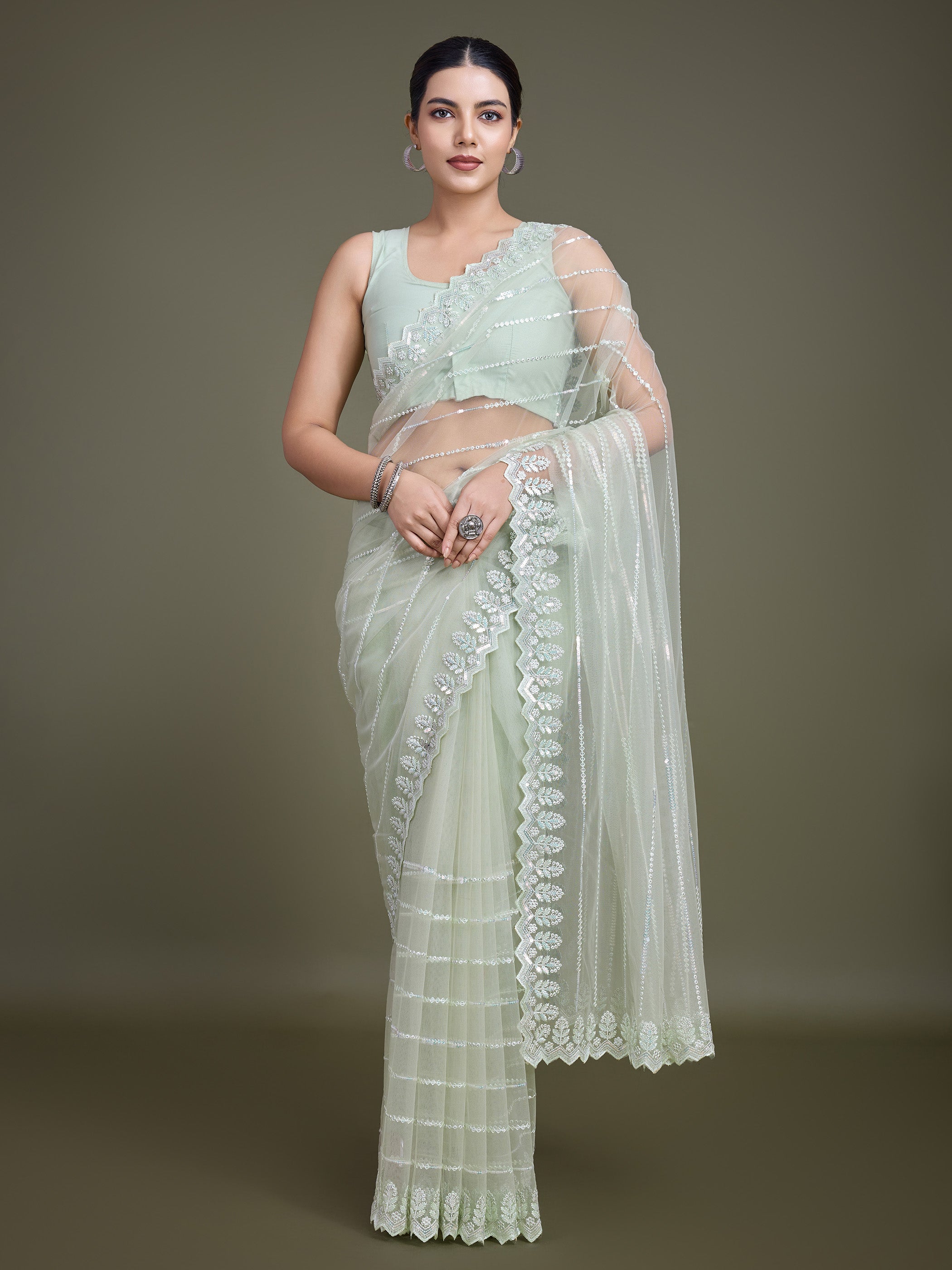 Light Green Soft Net Sequin Work Stunning Saree