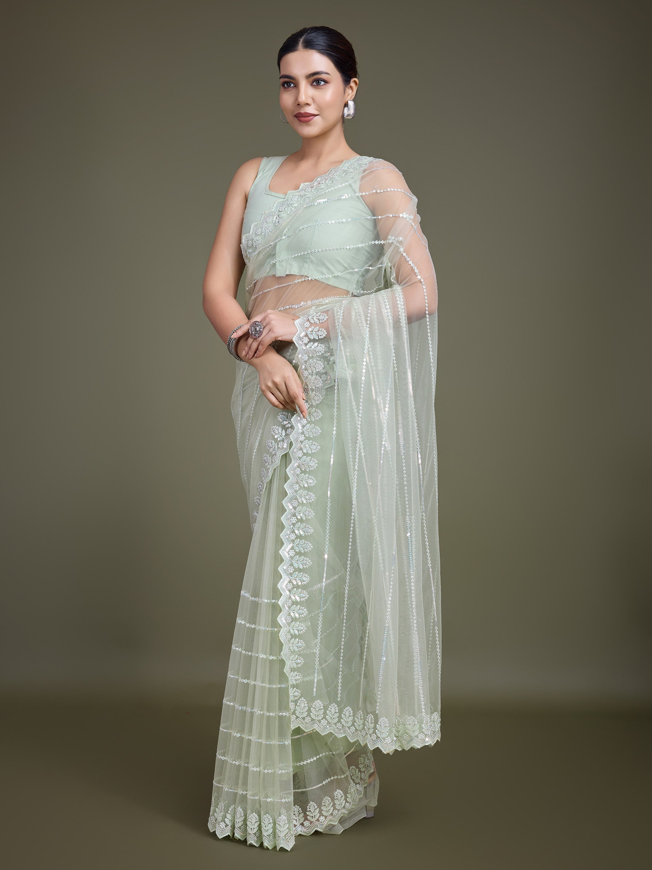 Light Green Soft Net Sequin Work Stunning Saree