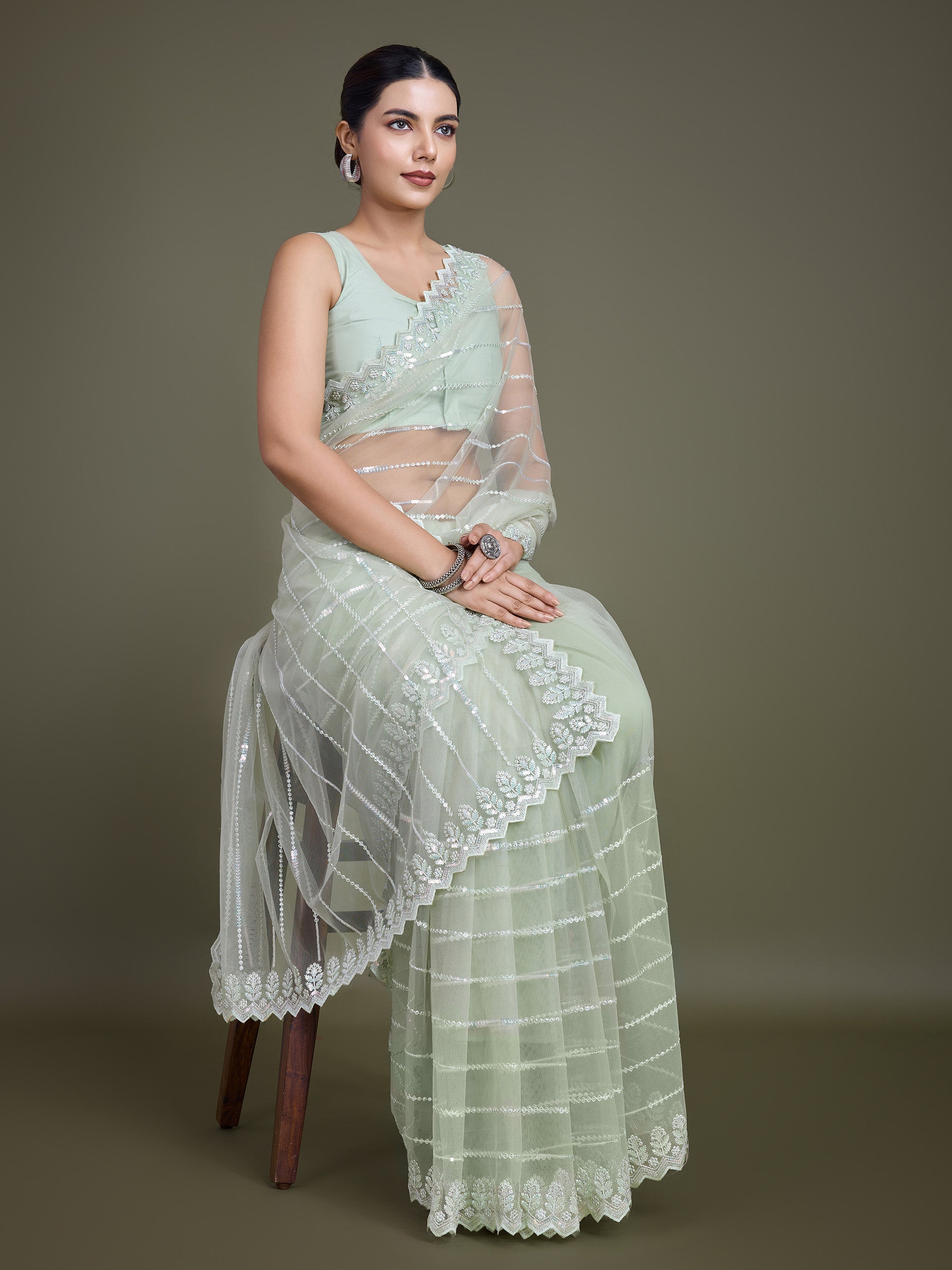Light Green Soft Net Sequin Work Stunning Saree