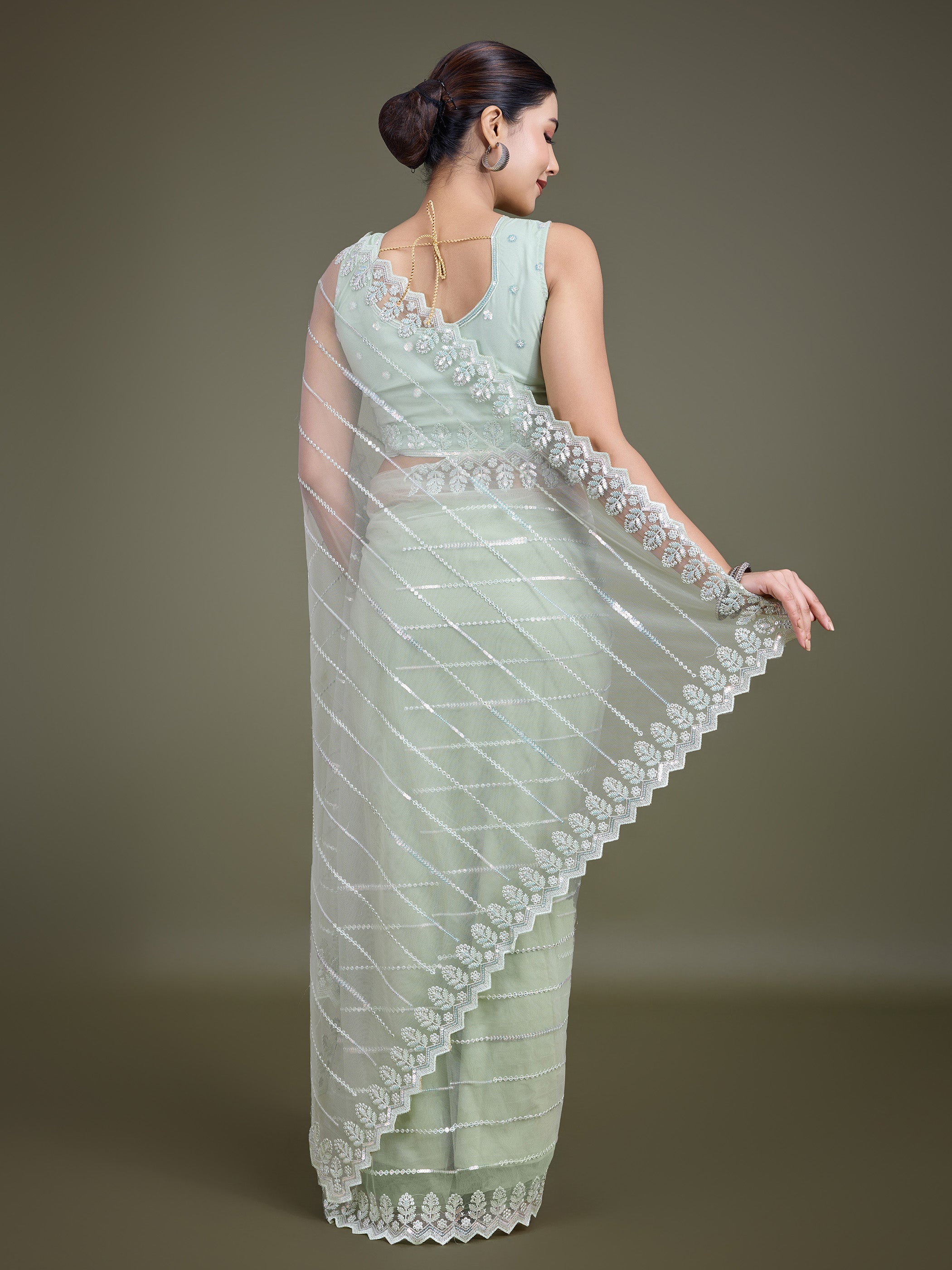 Light Green Soft Net Sequin Work Stunning Saree