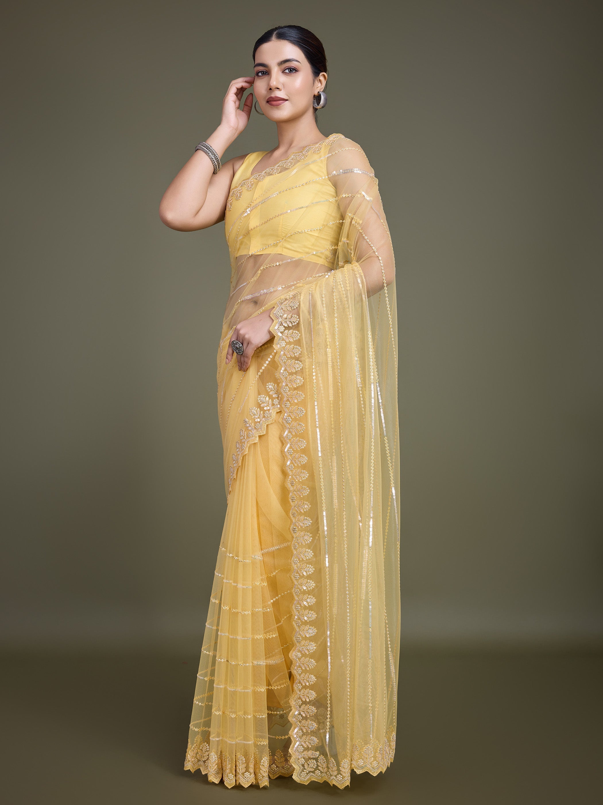 Yellow Soft Net Sequin Work Party Wear Saree