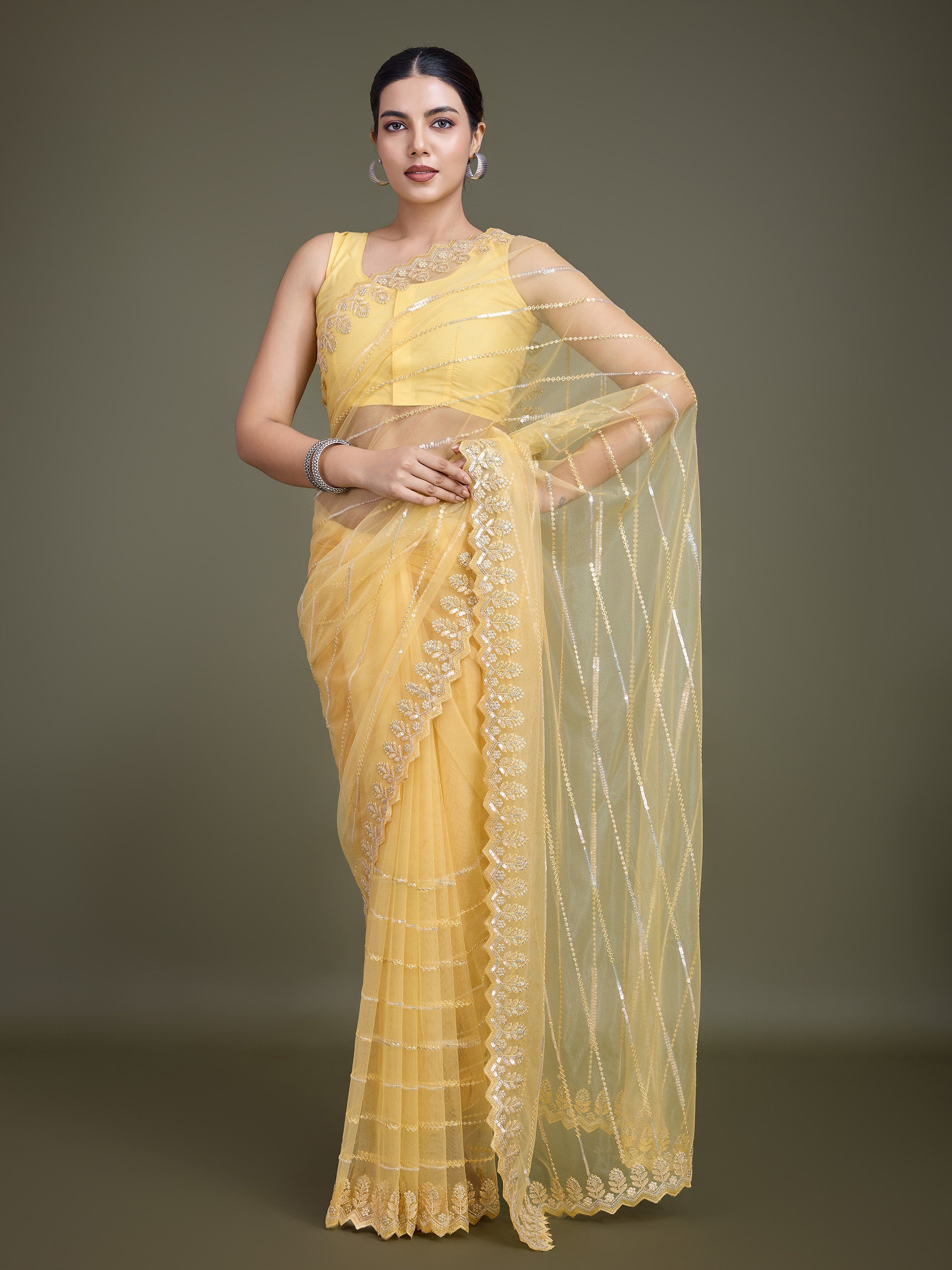 Yellow Soft Net Sequin Work Party Wear Saree