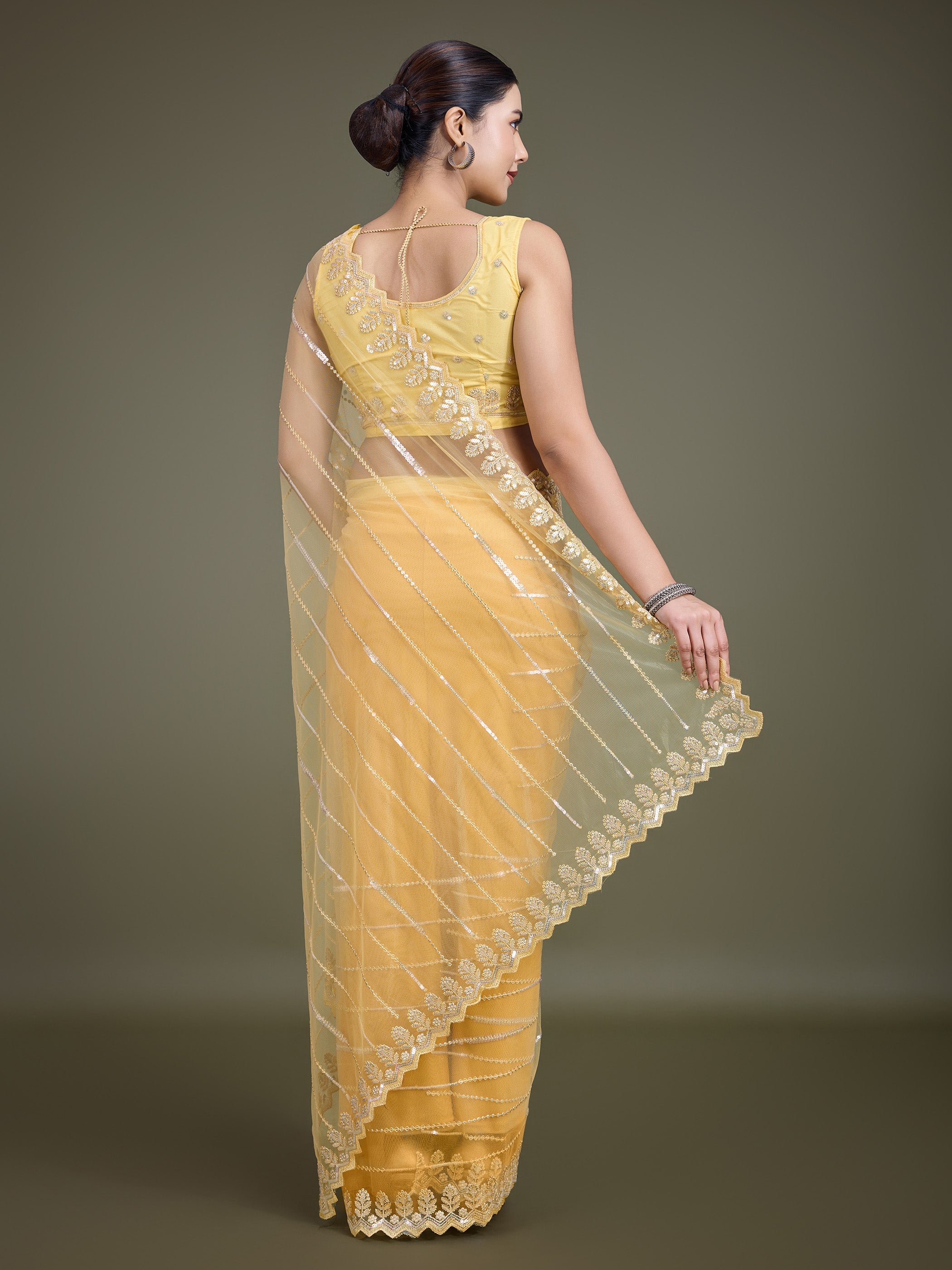 Yellow Soft Net Sequin Work Party Wear Saree