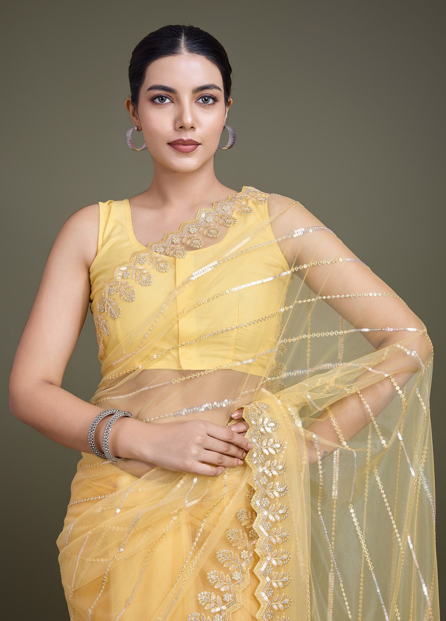 Yellow Soft Net Sequin Work Party Wear Saree