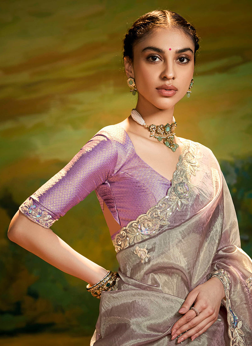 Gray Tissue Silk Designer Sequins Work Party Wear Saree
