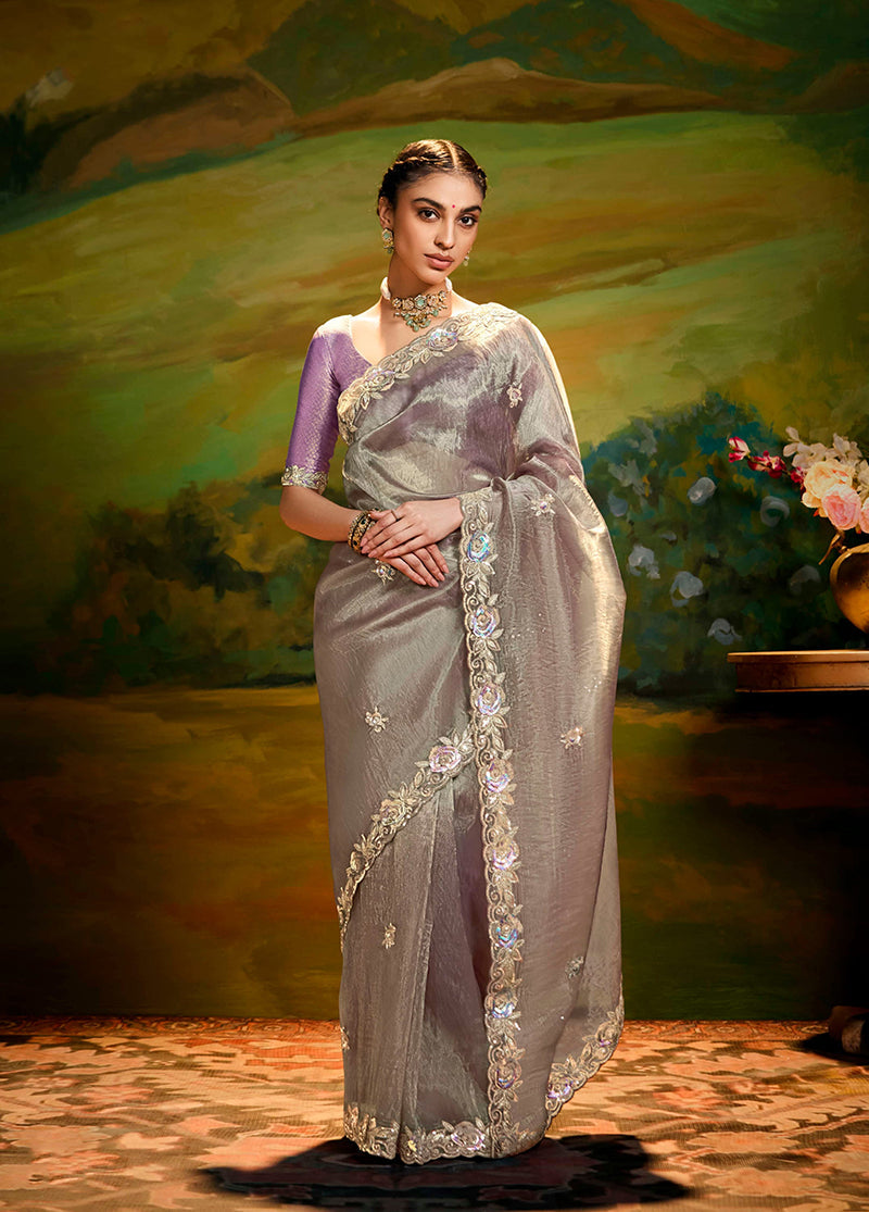 Gray Tissue Silk Designer Sequins Work Party Wear Saree