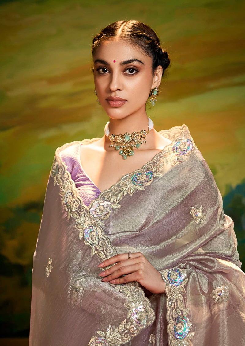 Gray Tissue Silk Designer Sequins Work Party Wear Saree