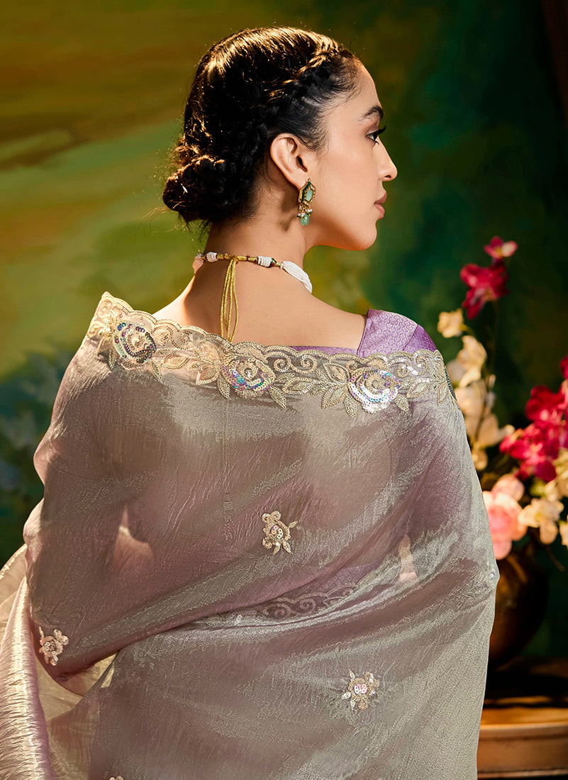 Gray Tissue Silk Designer Sequins Work Party Wear Saree