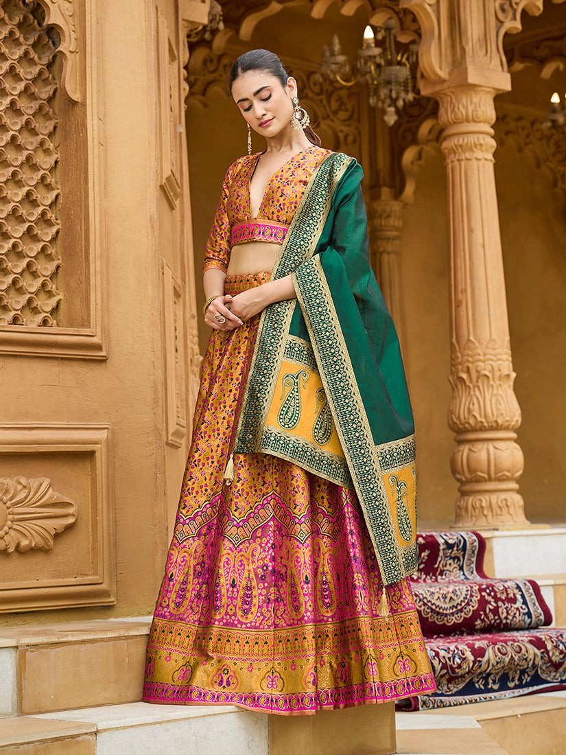 Yellow Trendy Kanjivaram Jacquard Woven Work Lehenga choli