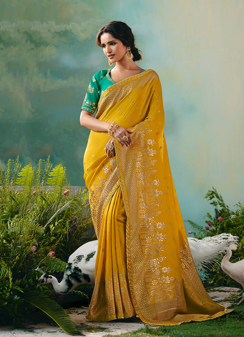 Yellow Viscose Dola Silk Wedding Wear Saree With Embroidery Worked Blouse
