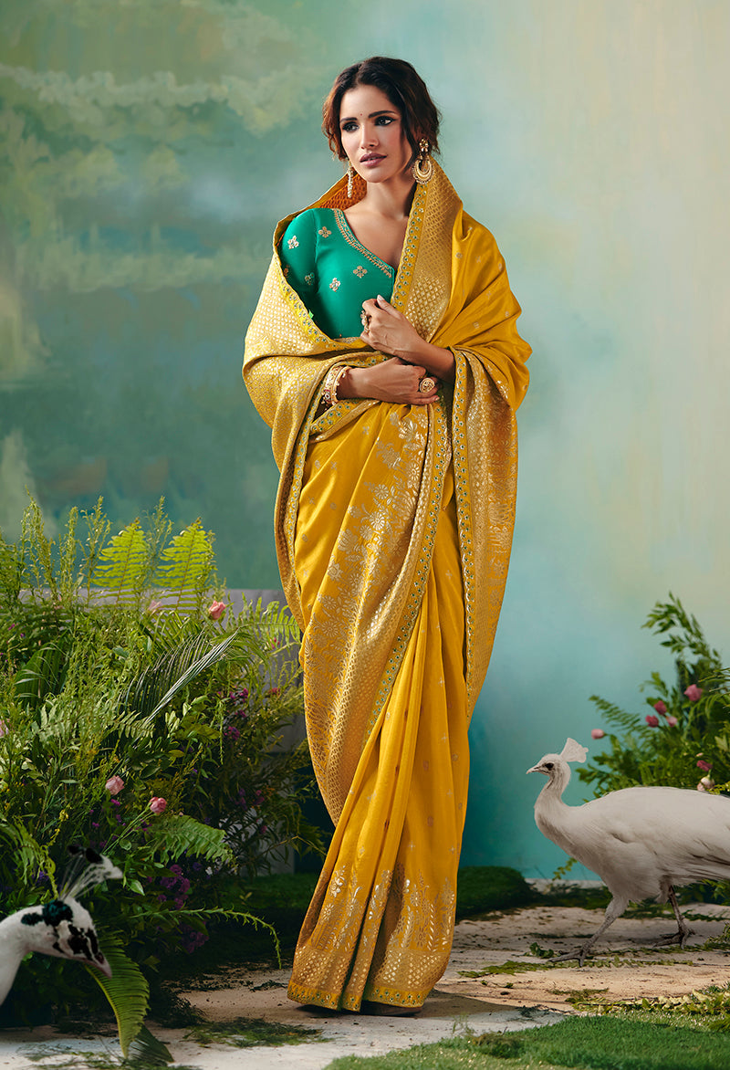 Yellow Viscose Dola Silk Wedding Wear Saree With Embroidery Worked Blouse
