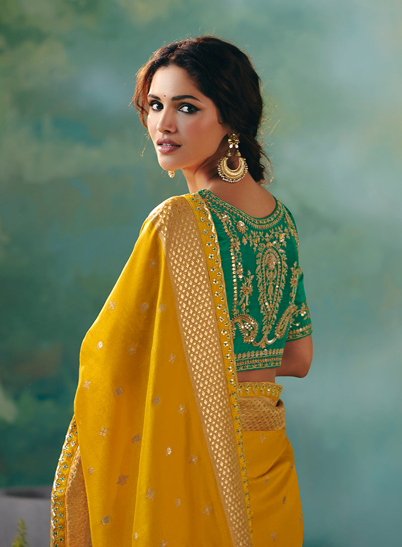 Yellow Viscose Dola Silk Wedding Wear Saree With Embroidery Worked Blouse