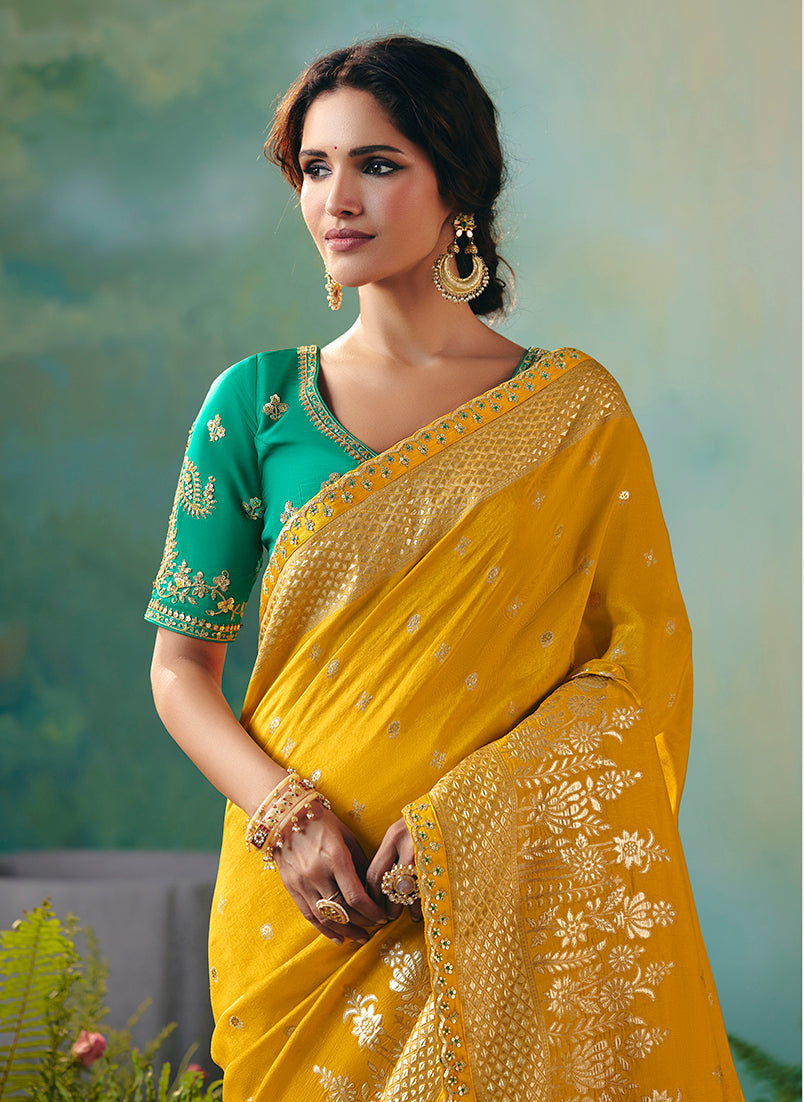 Yellow Viscose Dola Silk Wedding Wear Saree With Embroidery Worked Blouse
