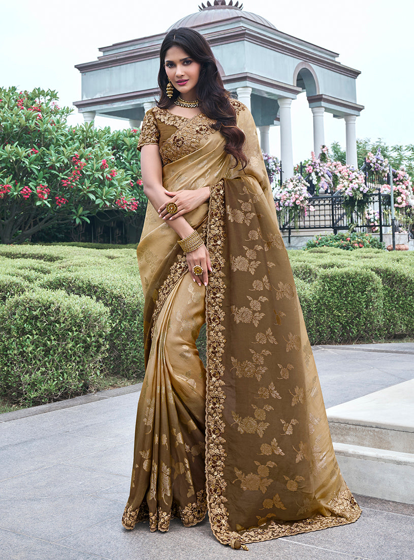 Shaded Brown Viscose Silk Zari Embroidered Saree