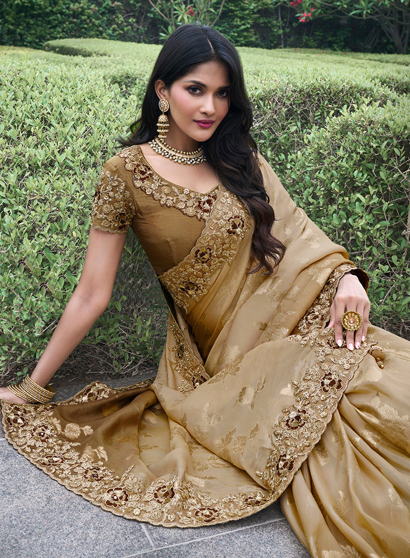 Shaded Brown Viscose Silk Zari Embroidered Saree